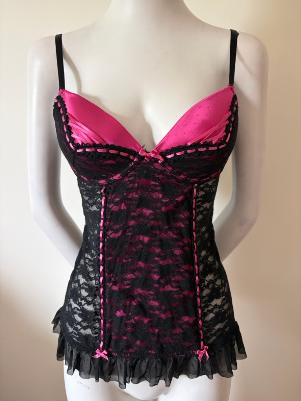 H&M Hot Pink and Black Lace Chemise New Without Tag